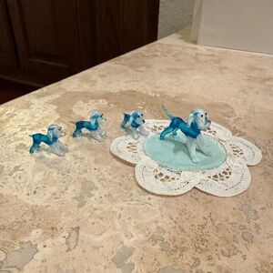 Blown Glass Blue and White Glass Dog Figurines Set